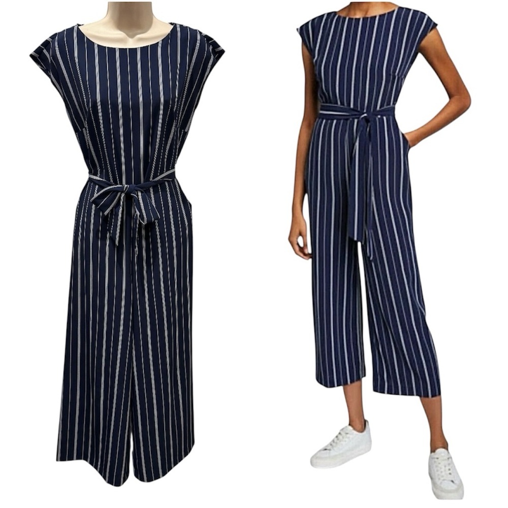 KARL‎ LAGERFELD Navy Blue PinStriped Cropped Wide Leg 
Belted Jumpsuit Size 6